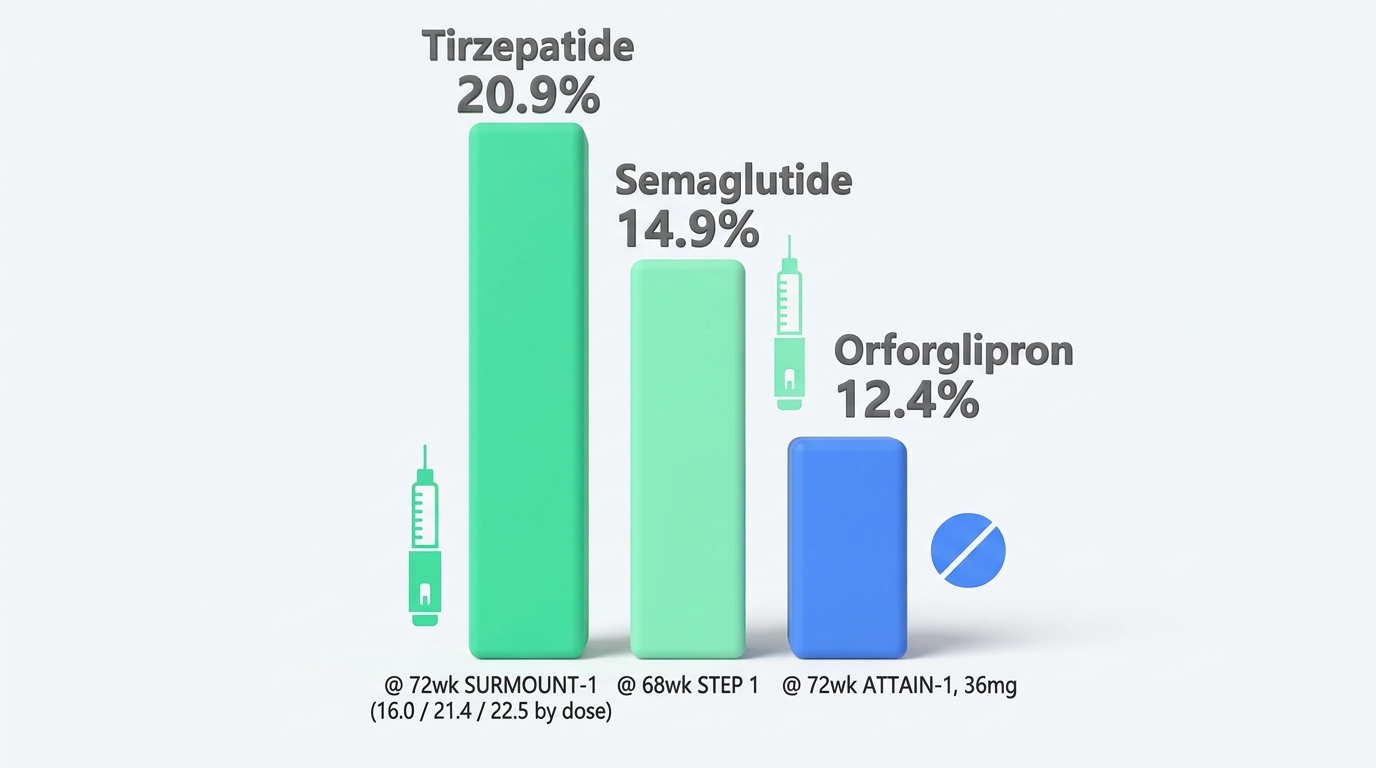Bar chart comparing average weight loss in the main trials: tirzepatide 20.9 percent at 72 weeks in SURMOUNT-1, semaglutide 14.9 percent at 68 weeks in STEP 1, and orforglipron 12.4 percent at 72 weeks in ATTAIN-1 at 36mg. Tirzepatide and semaglutide are weekly injections; orforglipron is a daily tablet.